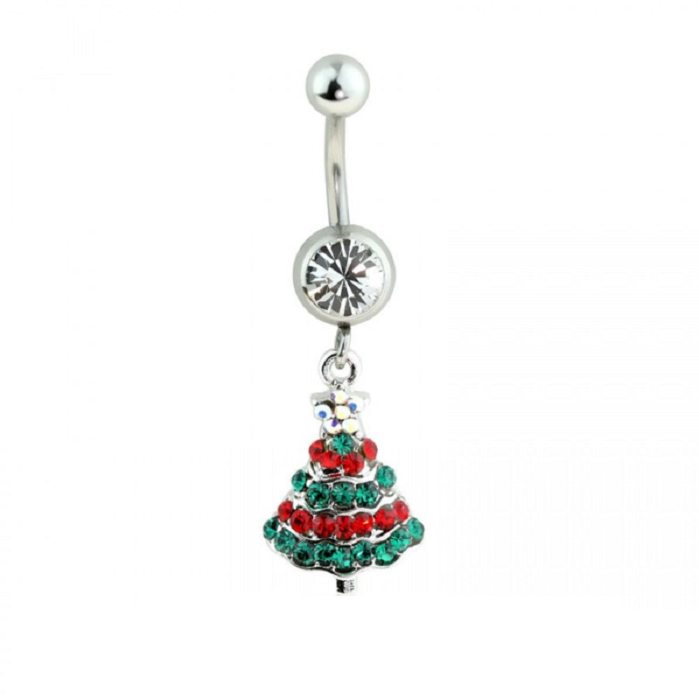 Red and Green CZ Crystal Paved Christmas Tree Dangling Belly Button Ring - 316L Stainless Steel