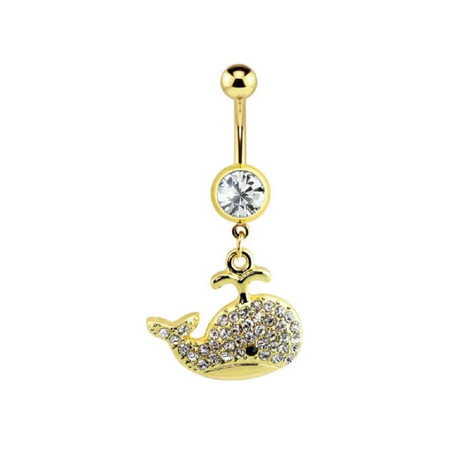 Crystal Paved Whale Dangling Belly Button Ring - 316L Stainless Steel