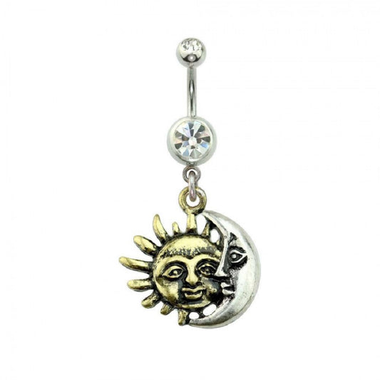 CZ Crystal Golden Sun and Silver Cresent Moon Dangling Belly Button Ring - Stainless Steel