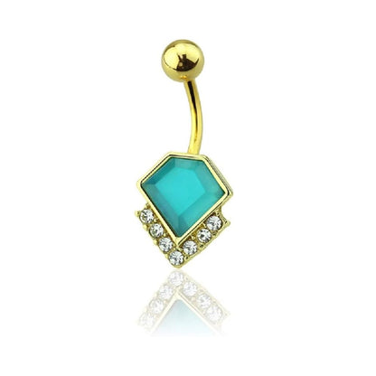 Crystal Lined Synthetic Opal Diamond Shaped Belly Button Ring - 316L Stainless Steel