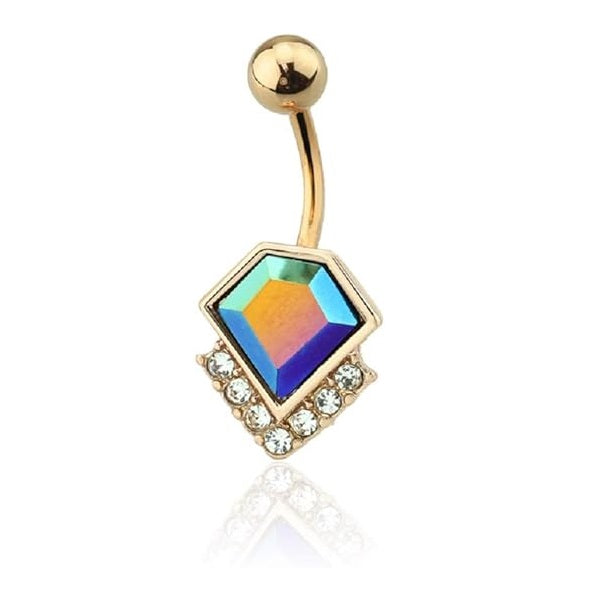 Crystal Lined Synthetic Opal Diamond Shaped Belly Button Ring - 316L Stainless Steel