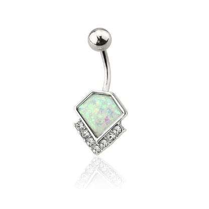 Crystal Lined Synthetic Opal Diamond Shaped Belly Button Ring - 316L Stainless Steel