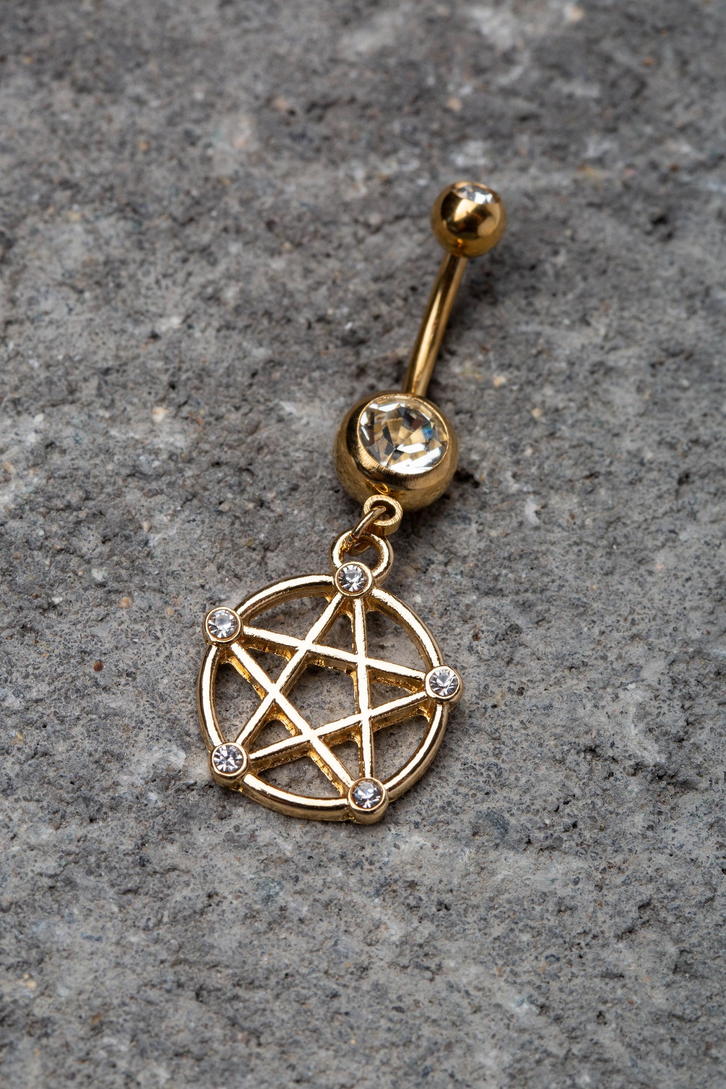 Pentacle Dangle Double Jeweled Belly Button Ring - 316L Stainless Steel