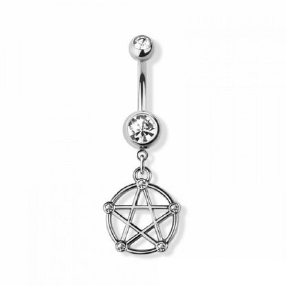 Pentacle Dangle Double Jeweled Belly Button Ring - 316L Stainless Steel