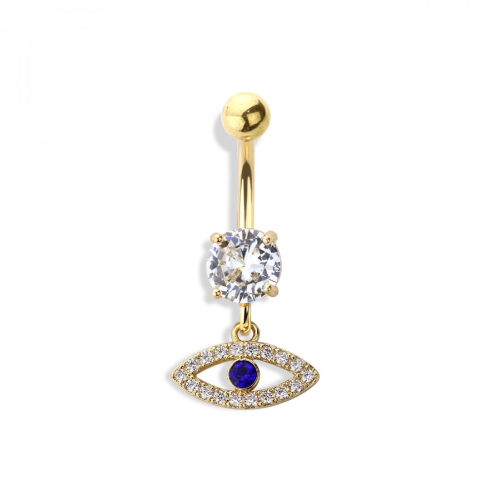 CZ Crystal Evil Eye Dangling Belly Button Ring - 316L Stainless Steel