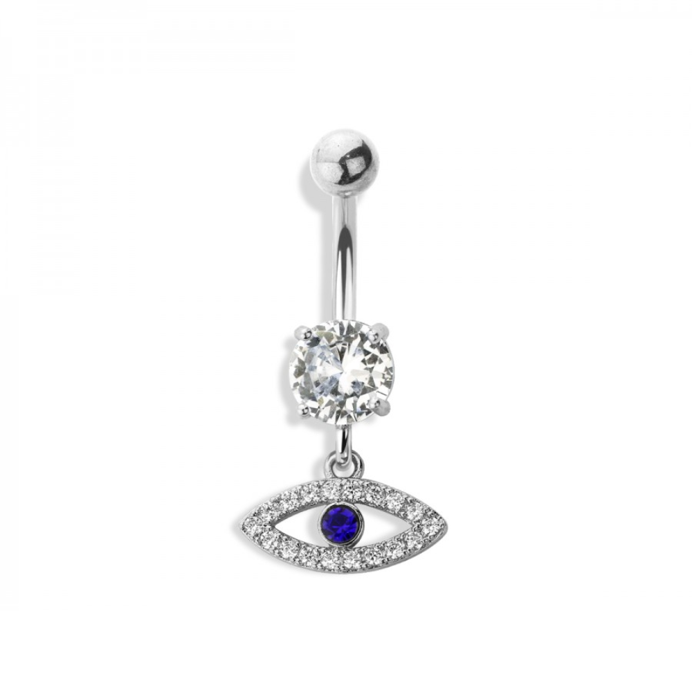 CZ Crystal Evil Eye Dangling Belly Button Ring - 316L Stainless Steel