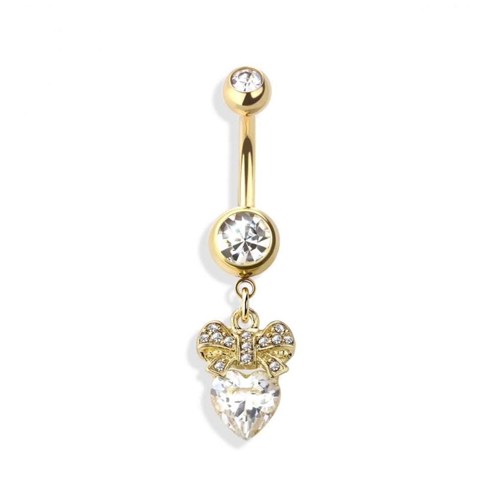 CZ Crystal Heart with Bow Dangling Belly Button Ring - 316L Stainless Steel