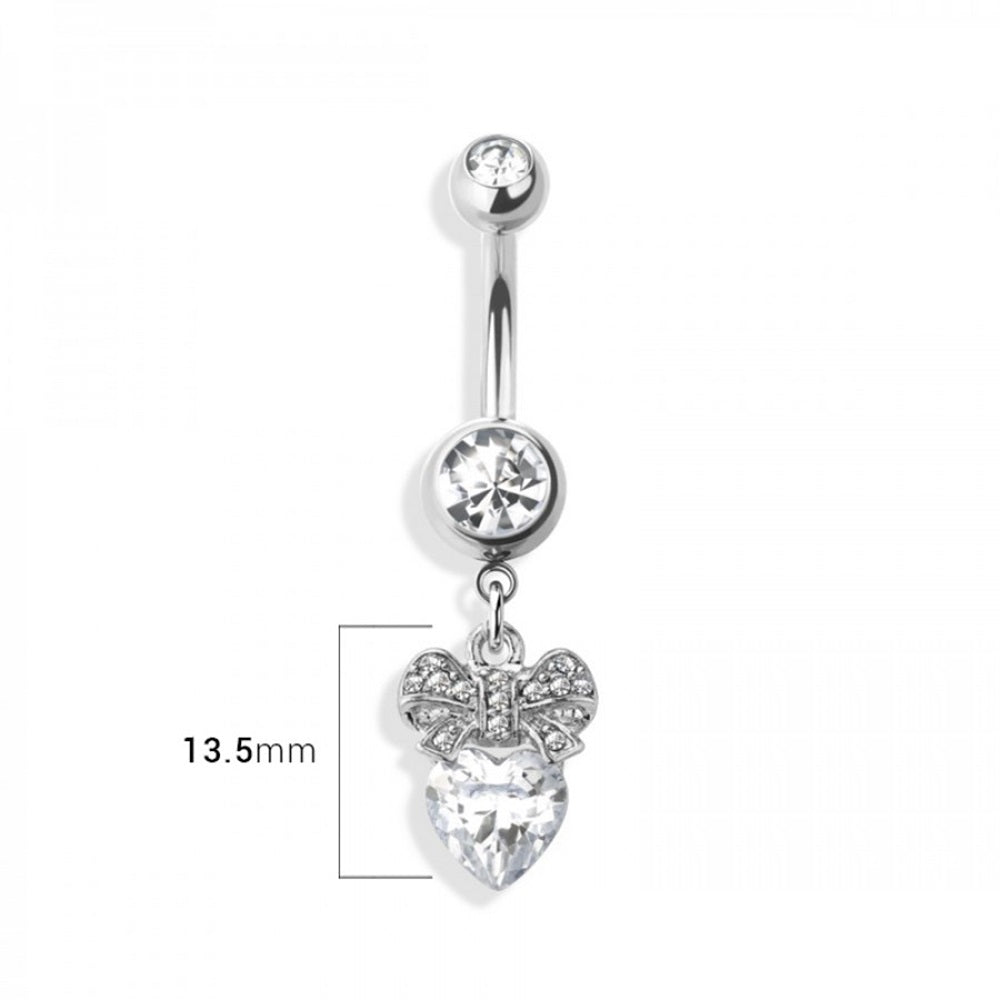 CZ Crystal Heart with Bow Dangling Belly Button Ring - 316L Stainless Steel