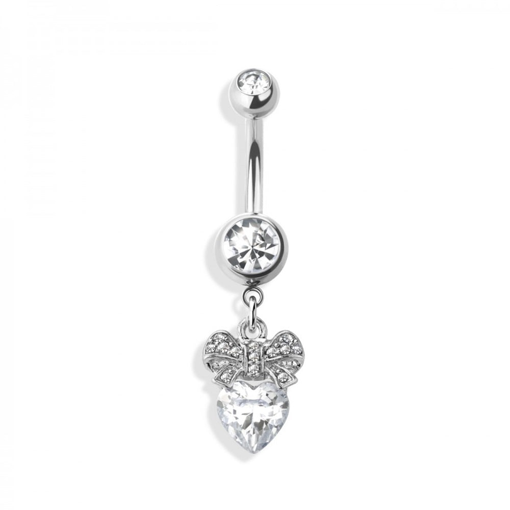 CZ Crystal Heart with Bow Dangling Belly Button Ring - 316L Stainless Steel