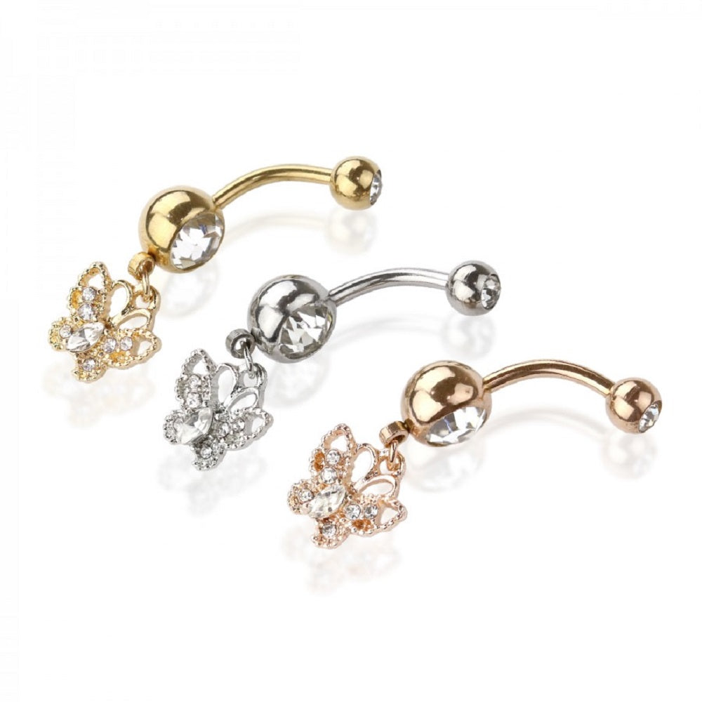 Double Jeweled Barbell with Dangling CZ Paved Butterfly Belly Button Ring - 316L Stainless Steel