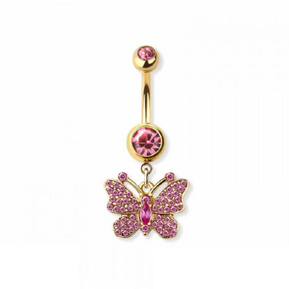 Pink CZ Crystal Butterfly Dangling Belly Button Ring - 316L Stainless Steel