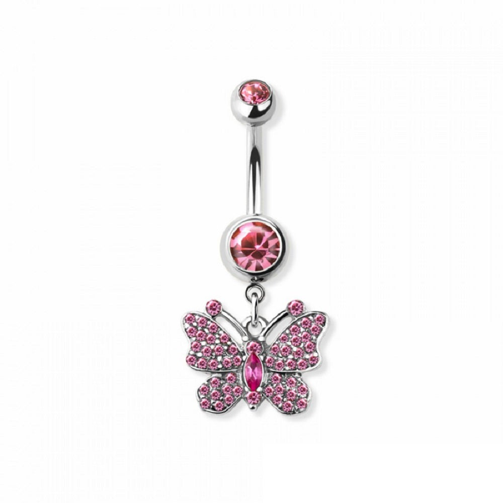 Pink CZ Crystal Butterfly Dangling Belly Button Ring - 316L Stainless Steel