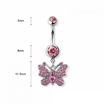 Pink CZ Crystal Butterfly Dangling Belly Button Ring - 316L Stainless Steel