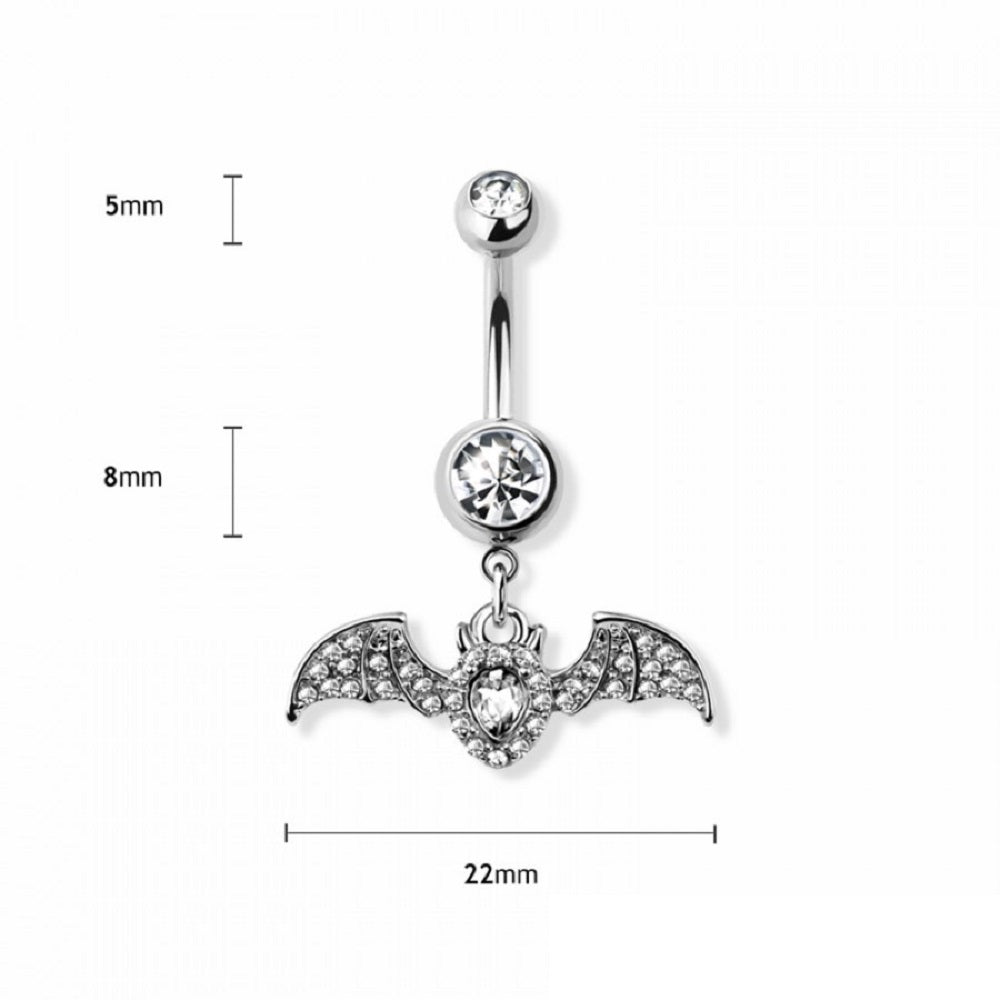 CZ Crystal Dangling Bat Belly Button Ring - 316L Stainless Steel