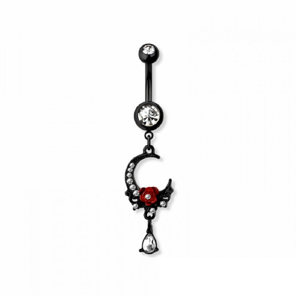 Black CZ Crystal Crescent Moon with Rose and Dangling Gem Belly Button Ring - 316L Stainless Steel