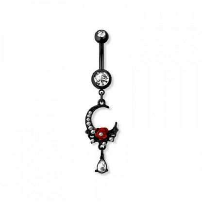 Black CZ Crystal Crescent Moon with Rose and Dangling Gem Belly Button Ring - 316L Stainless Steel