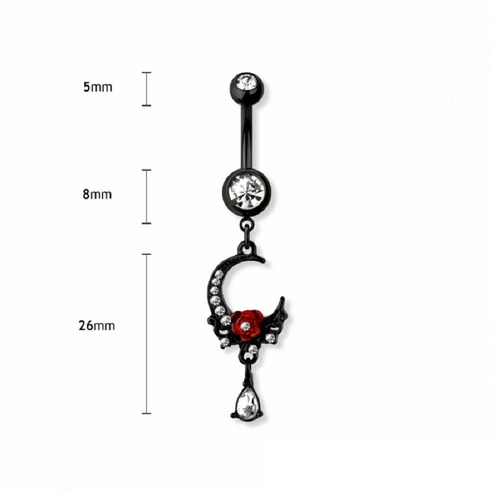 Black CZ Crystal Crescent Moon with Rose and Dangling Gem Belly Button Ring - 316L Stainless Steel