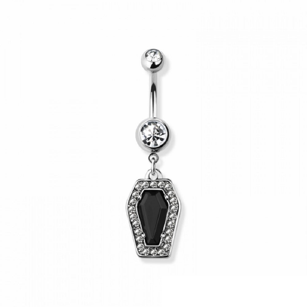 CZ Crystal Black Coffin Dangling Belly Button Ring - 316L Stainless Steel