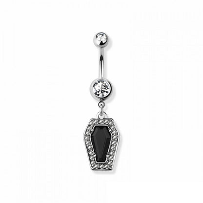 CZ Crystal Black Coffin Dangling Belly Button Ring - 316L Stainless Steel