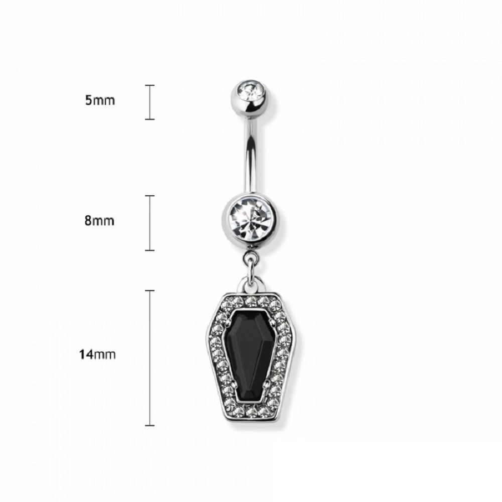 CZ Crystal Black Coffin Dangling Belly Button Ring - 316L Stainless Steel