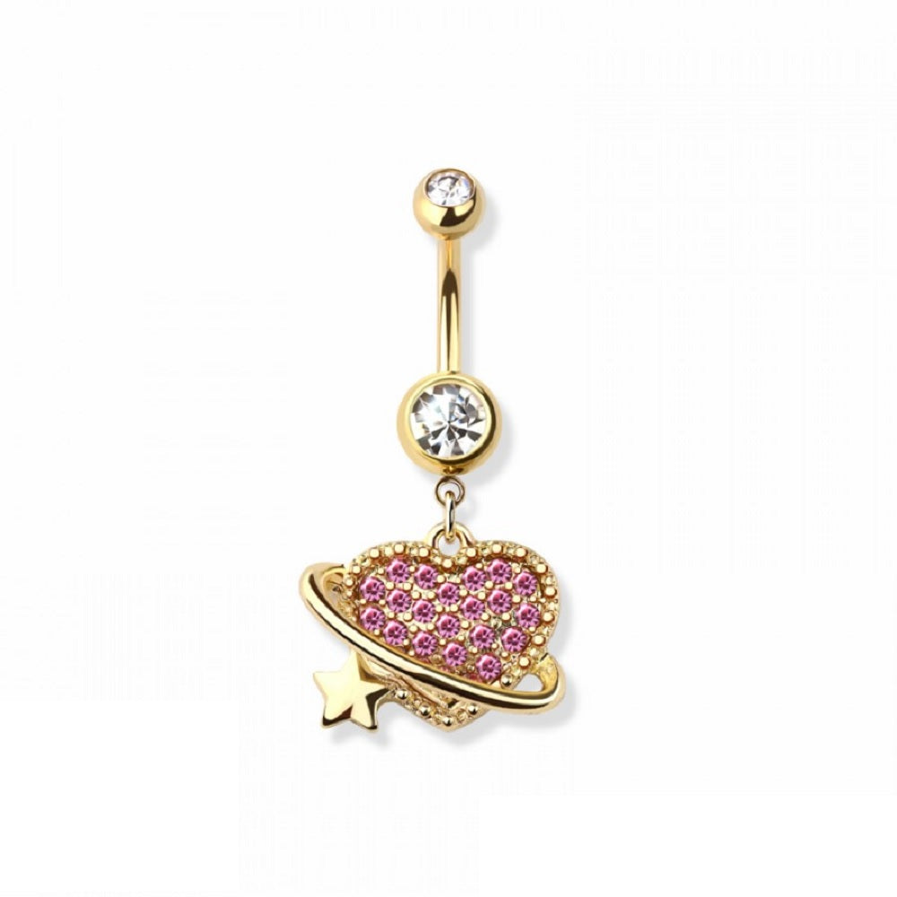 Pink CZ Crystal Paved Orbiting Heart Dangling Belly Button Ring - 316L Stainless Steel