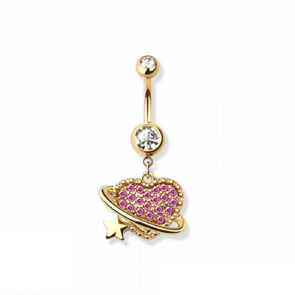 Pink CZ Crystal Paved Orbiting Heart Dangling Belly Button Ring - 316L Stainless Steel