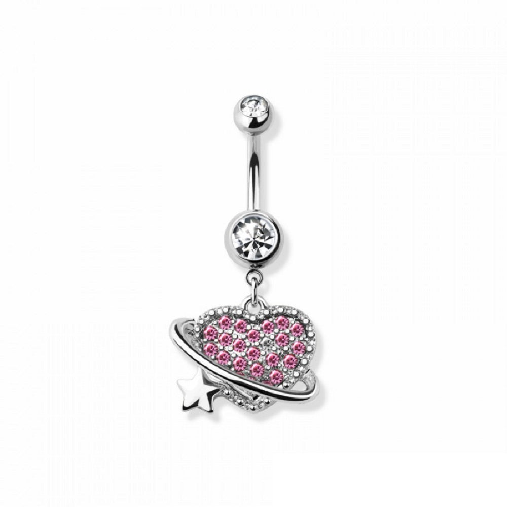 Pink CZ Crystal Paved Orbiting Heart Dangling Belly Button Ring - 316L Stainless Steel