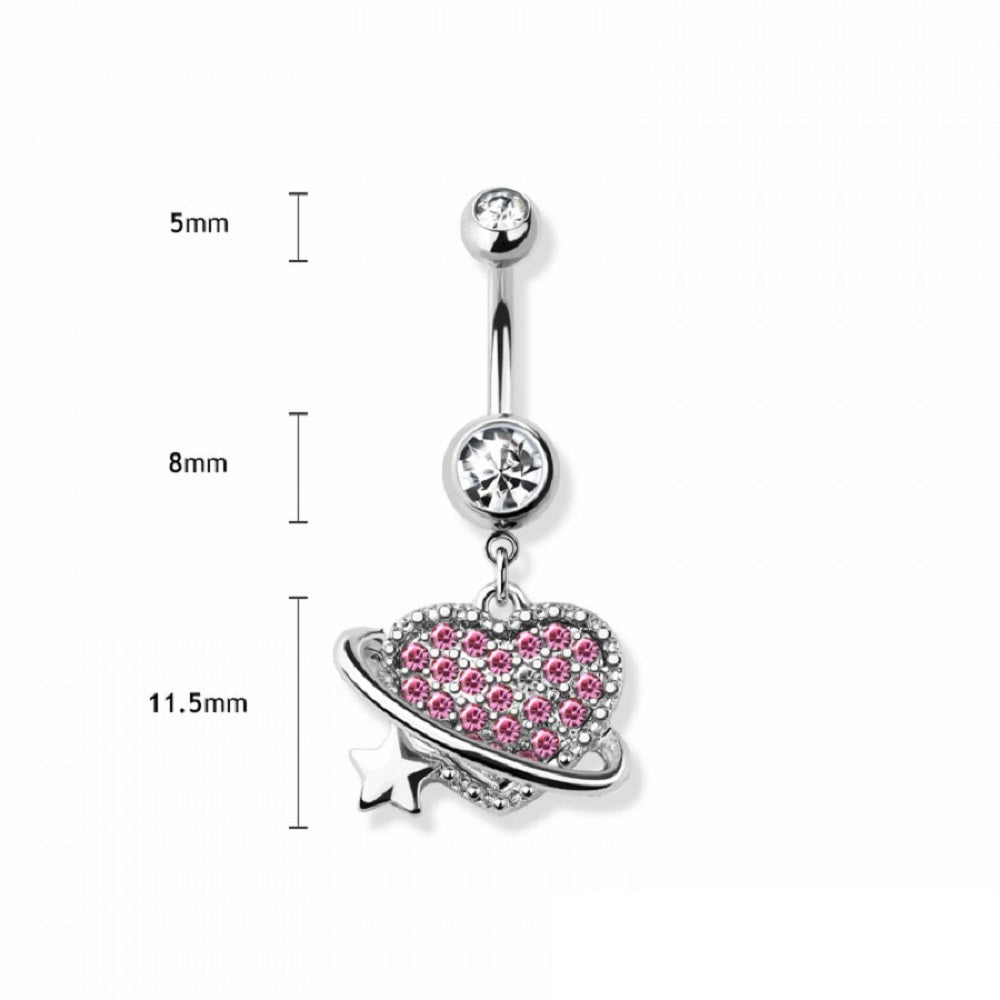 Pink CZ Crystal Paved Orbiting Heart Dangling Belly Button Ring - 316L Stainless Steel