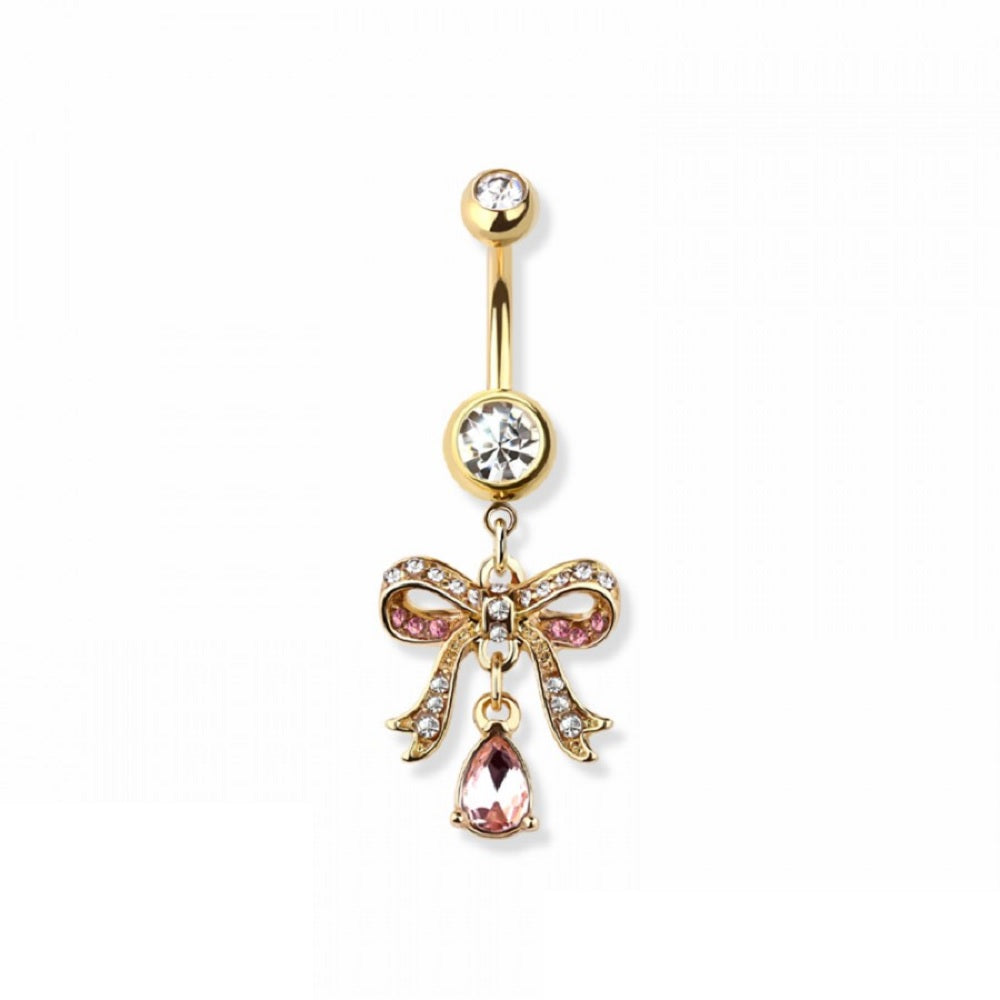 Pink CZ Crystal Paved Ribbon with Dangling Gem Belly Button Ring - 316L Stainless Steel