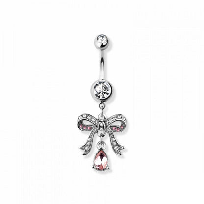 Pink CZ Crystal Paved Ribbon with Dangling Gem Belly Button Ring - 316L Stainless Steel