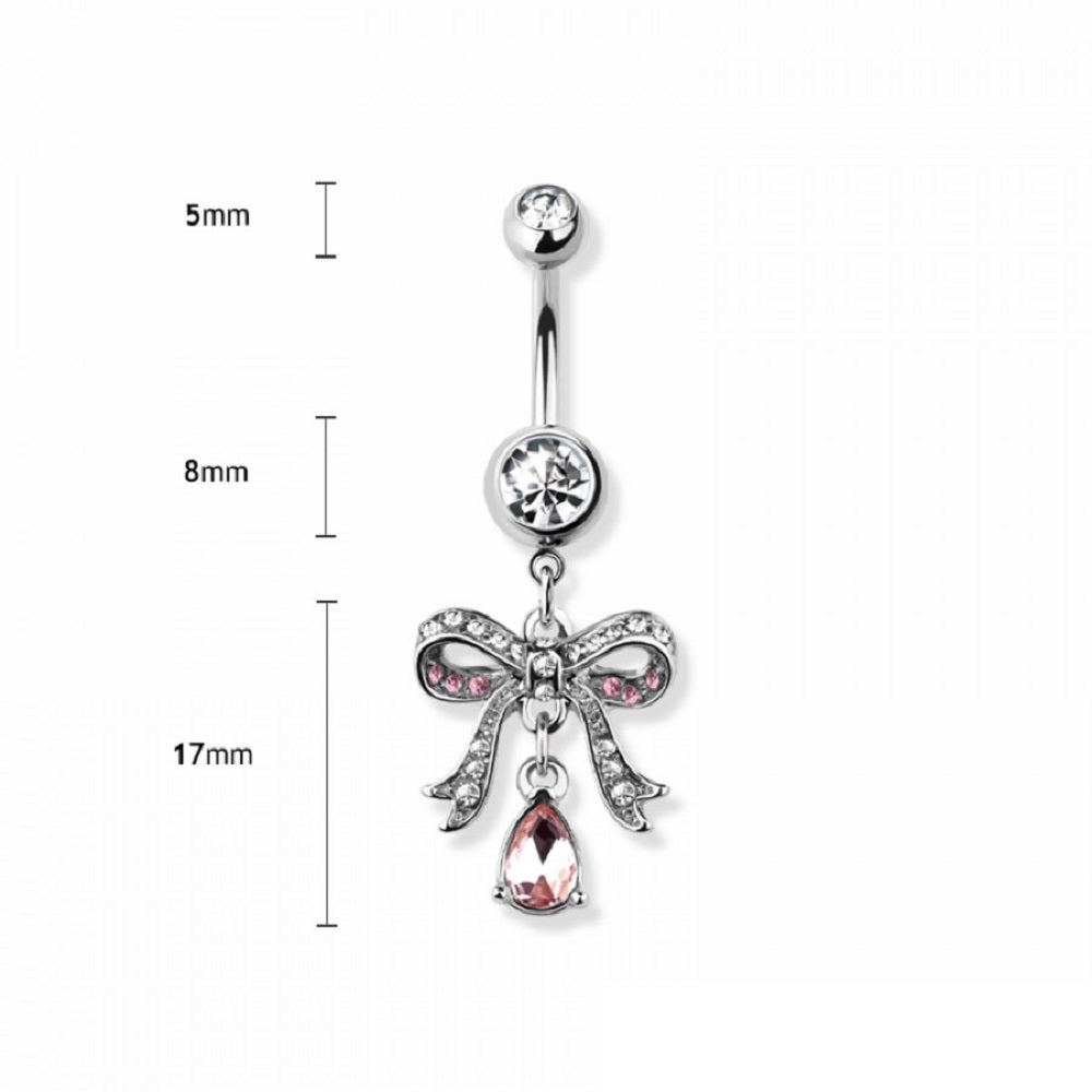 Pink CZ Crystal Paved Ribbon with Dangling Gem Belly Button Ring - 316L Stainless Steel