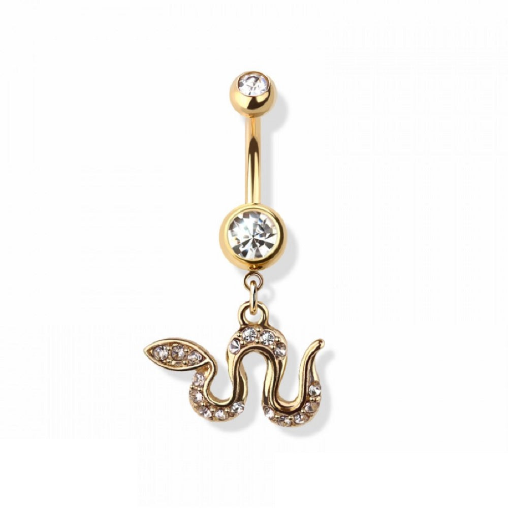 CZ Crystal Slithering Snake Dangling Belly Button Ring - 316L Stainless Steel