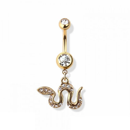 CZ Crystal Slithering Snake Dangling Belly Button Ring - 316L Stainless Steel