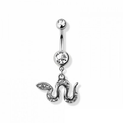 CZ Crystal Slithering Snake Dangling Belly Button Ring - 316L Stainless Steel