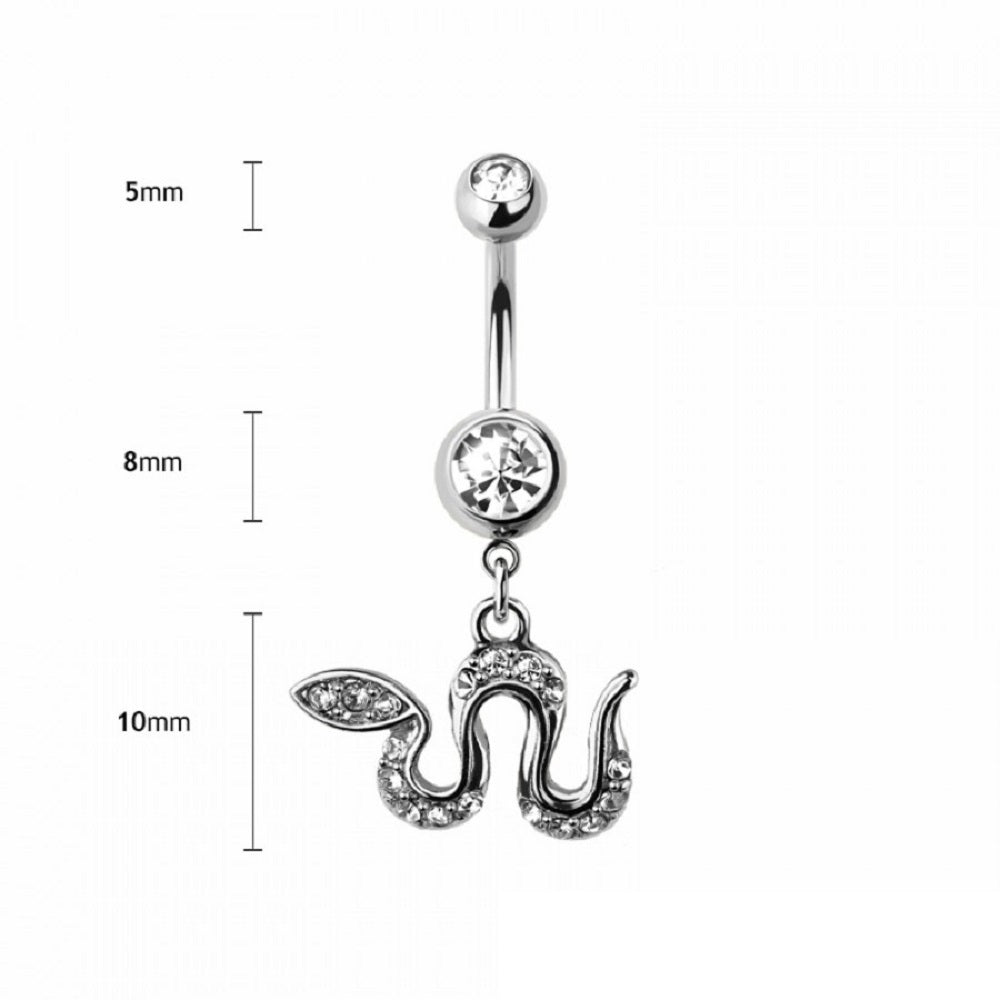 CZ Crystal Slithering Snake Dangling Belly Button Ring - 316L Stainless Steel