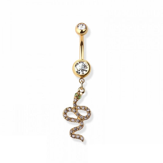 CZ Crystal Green Eyed Snake Dangling Belly Button Ring - 316L Stainless Steel