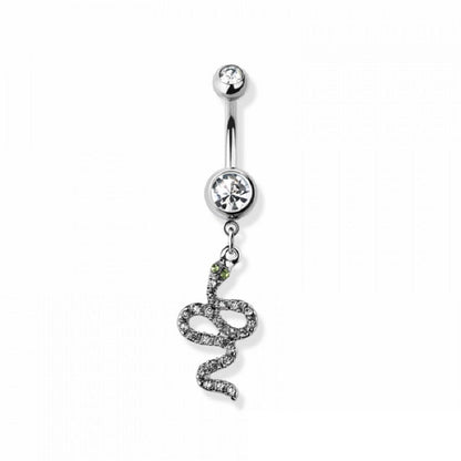 CZ Crystal Green Eyed Snake Dangling Belly Button Ring - 316L Stainless Steel