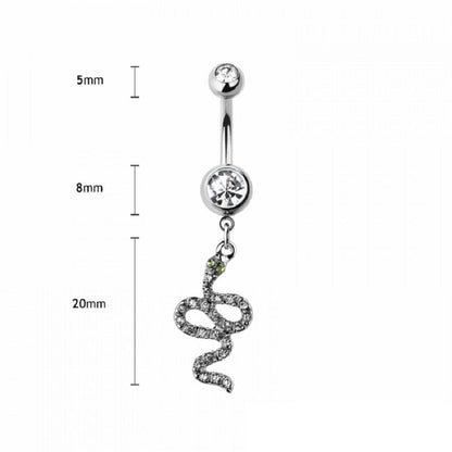 CZ Crystal Green Eyed Snake Dangling Belly Button Ring - 316L Stainless Steel