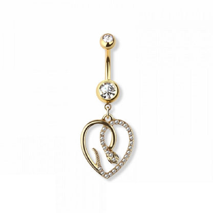 CZ Crystal Heart Shaped Snake Dangling Belly Button Ring - 316L Stainless Steel