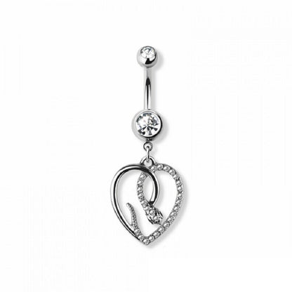 CZ Crystal Heart Shaped Snake Dangling Belly Button Ring - 316L Stainless Steel