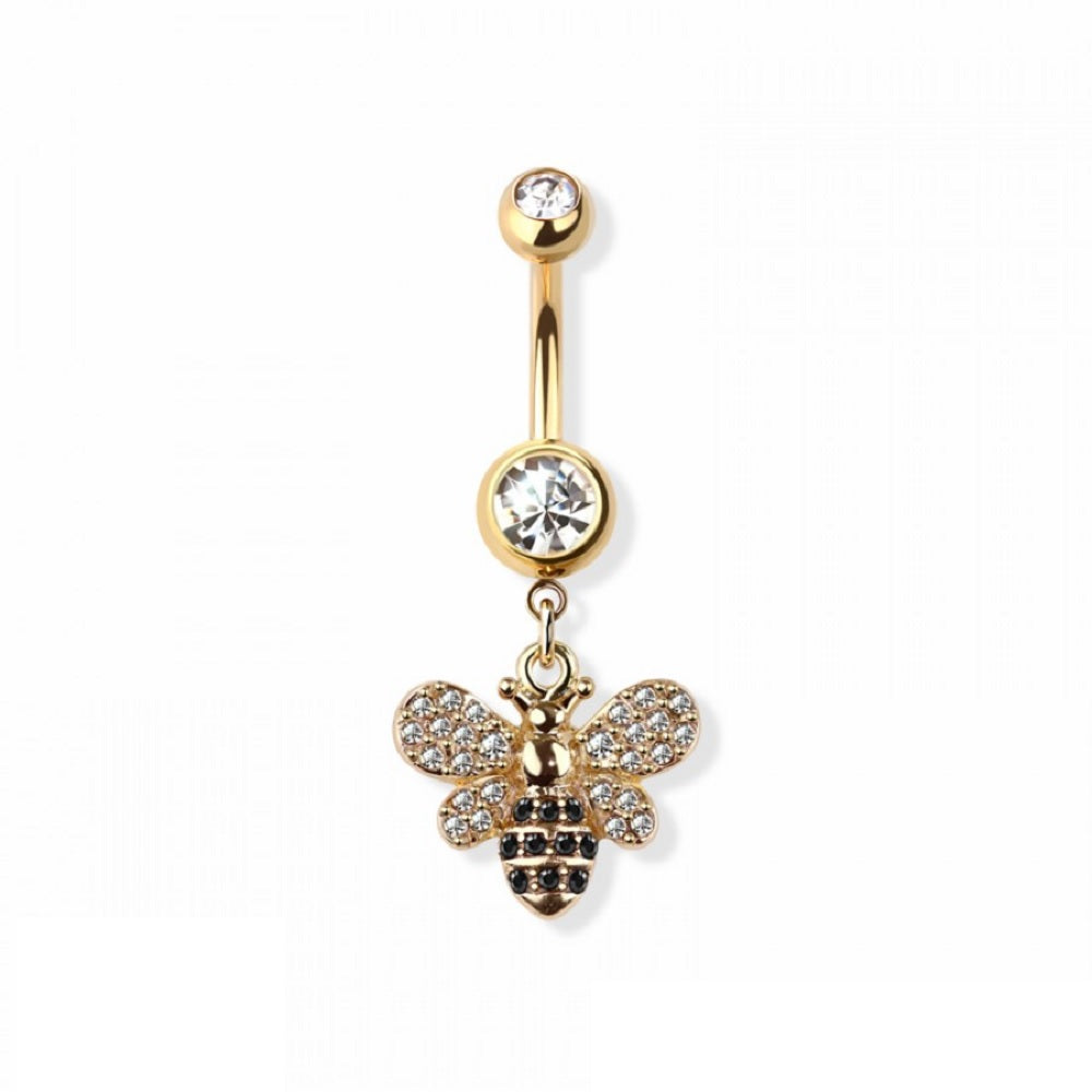 CZ Crystal Bumble Bee Dangling Belly Button Ring - 316L Stainless Steel