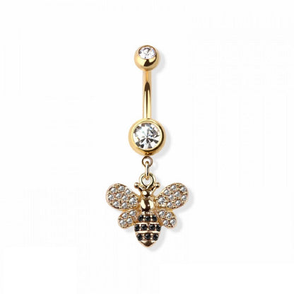 CZ Crystal Bumble Bee Dangling Belly Button Ring - 316L Stainless Steel