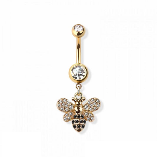 CZ Crystal Bumble Bee Dangling Belly Button Ring - 316L Stainless Steel