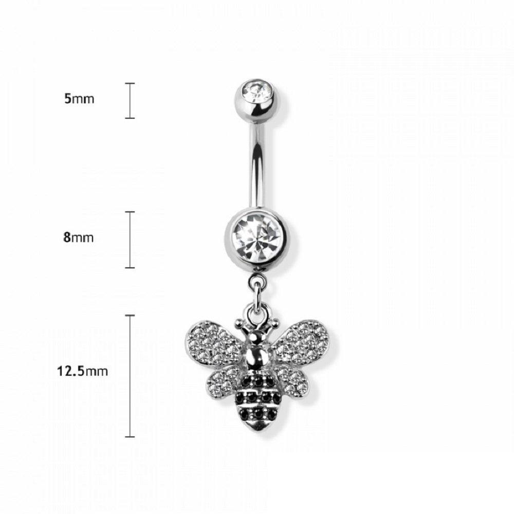 CZ Crystal Bumble Bee Dangling Belly Button Ring - 316L Stainless Steel