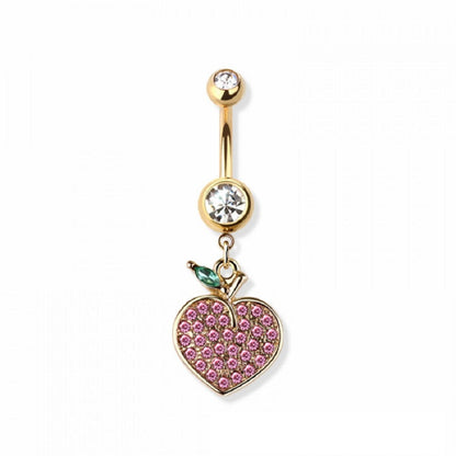 Pink CZ Crystal Paved Peach Dangling Belly Button Ring - 316L Stainless Steel