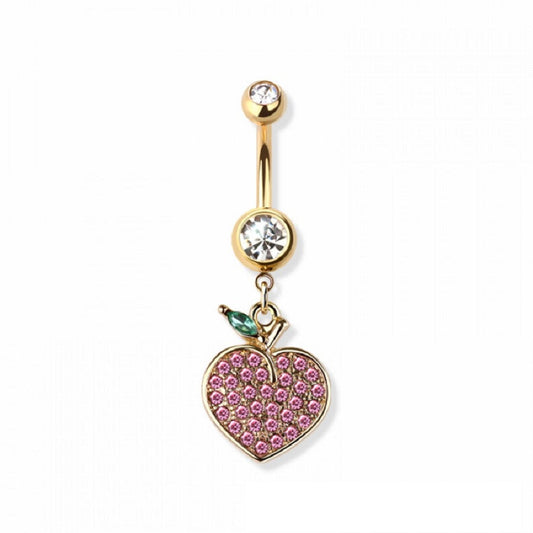 Pink CZ Crystal Paved Peach Dangling Belly Button Ring - 316L Stainless Steel