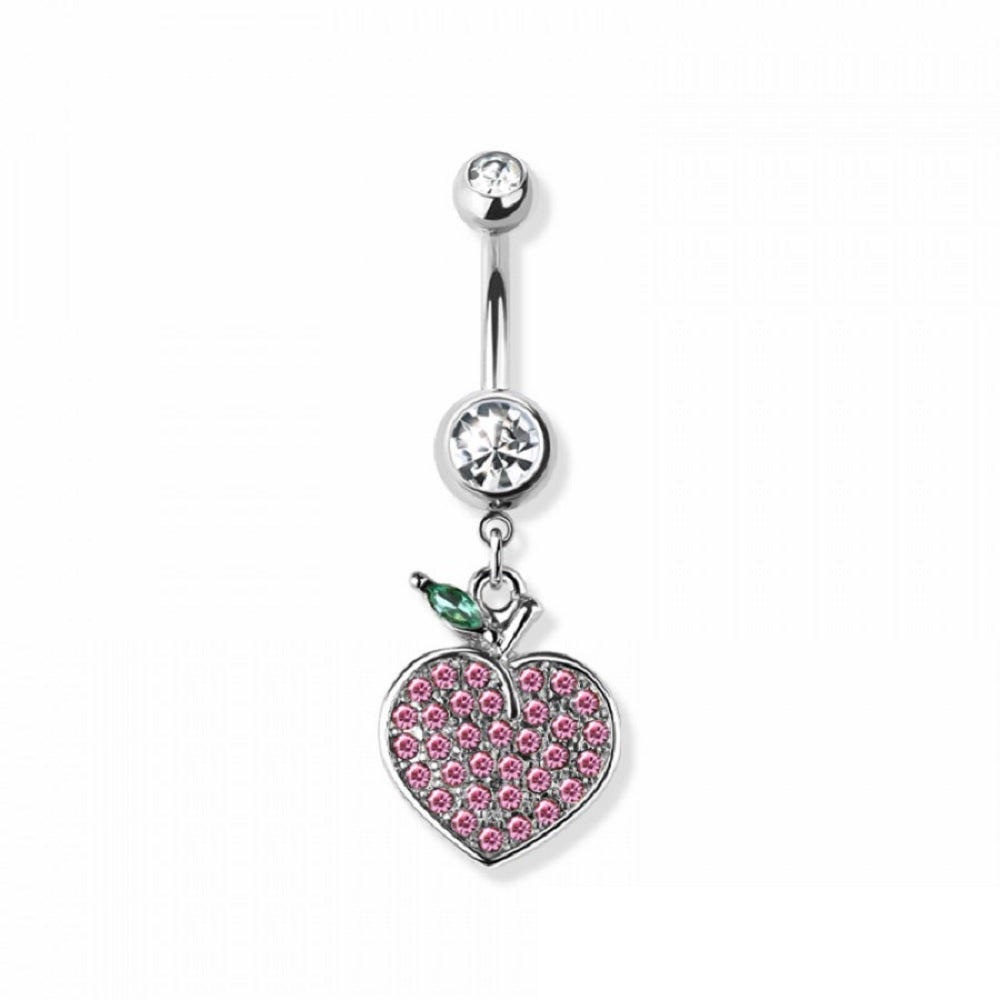 Pink CZ Crystal Paved Peach Dangling Belly Button Ring - 316L Stainless Steel