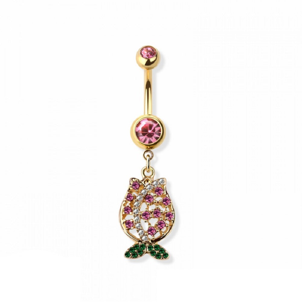 Pink CZ Crystal Paved Tulip Flower Dangling Belly Button Ring - 316L Stainless Steel