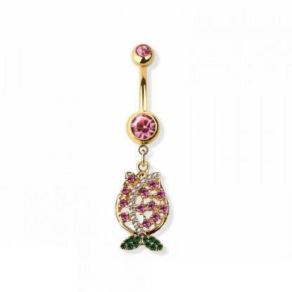 Pink CZ Crystal Paved Tulip Flower Dangling Belly Button Ring - 316L Stainless Steel