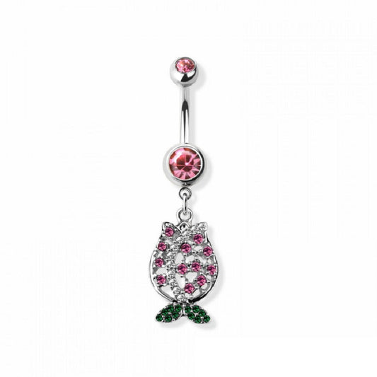 Pink CZ Crystal Paved Tulip Flower Dangling Belly Button Ring - 316L Stainless Steel